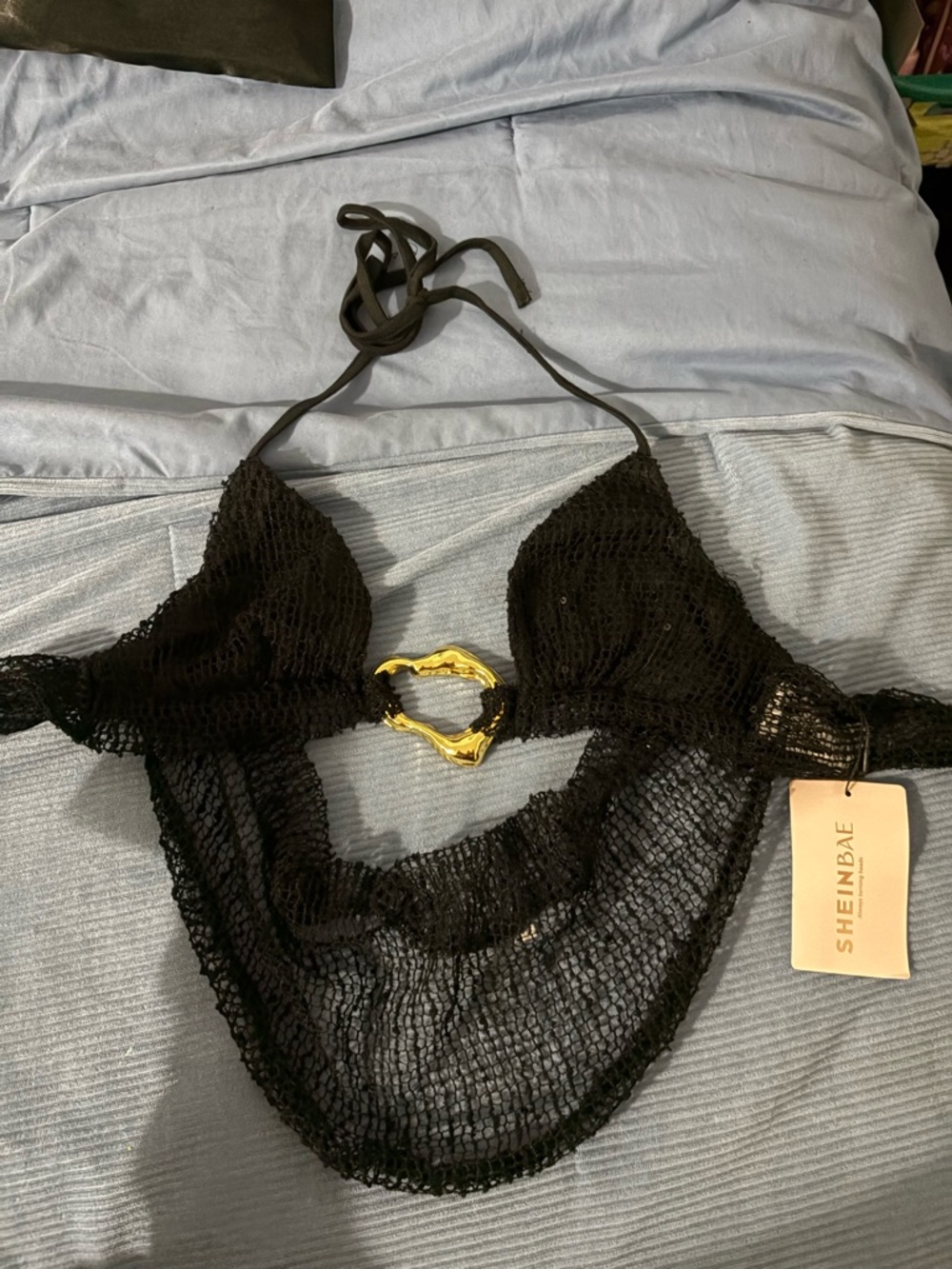 SHEIN Black Crochet Halter Bikini Top with Gold Ring Accent